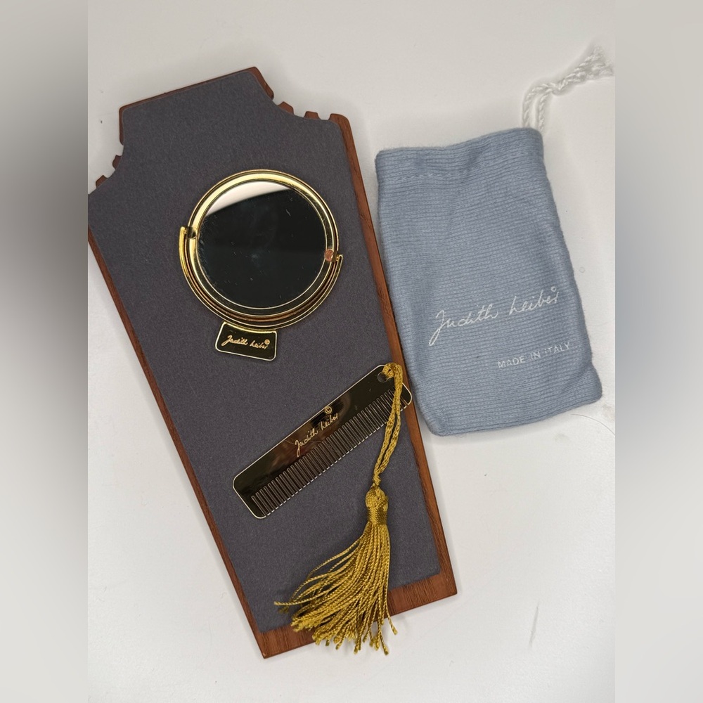 Judith Leiber Vintage Gold Tone Mirror & Comb Vanity Set Italy w/ Pouch - Picture 4 of 9